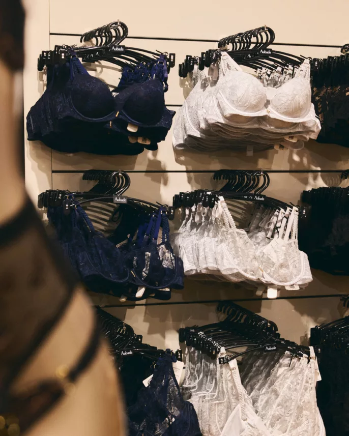 Reportage boutique lingerie – ensembles soutien-gorge en dentelle présentés en rayon en magasin