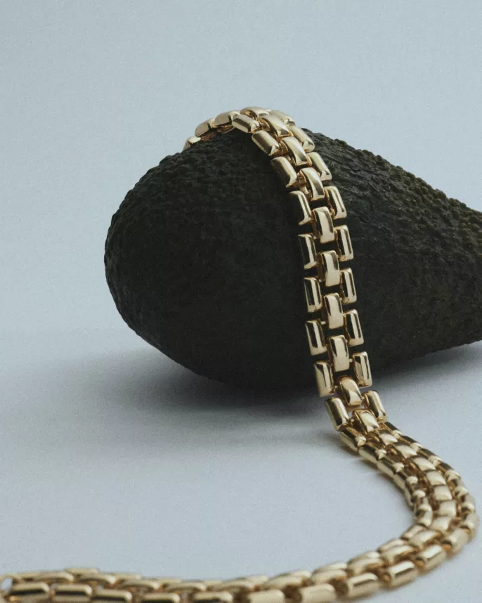 Collier chaîne dorée maille large drapé sur un avocat noir — photographie bijoux nature morte Lyon, Stéphanie Lorang